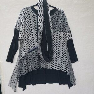 IC Collection Asymmetrical Black/Gray Cotton wholly Tunic Top halo scarf XL